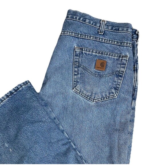 Carhartt Faded Blue Distressed Fleece Lined Jeans Mens Sz 38 Denim Workwear Rip - Picture 3 of 10